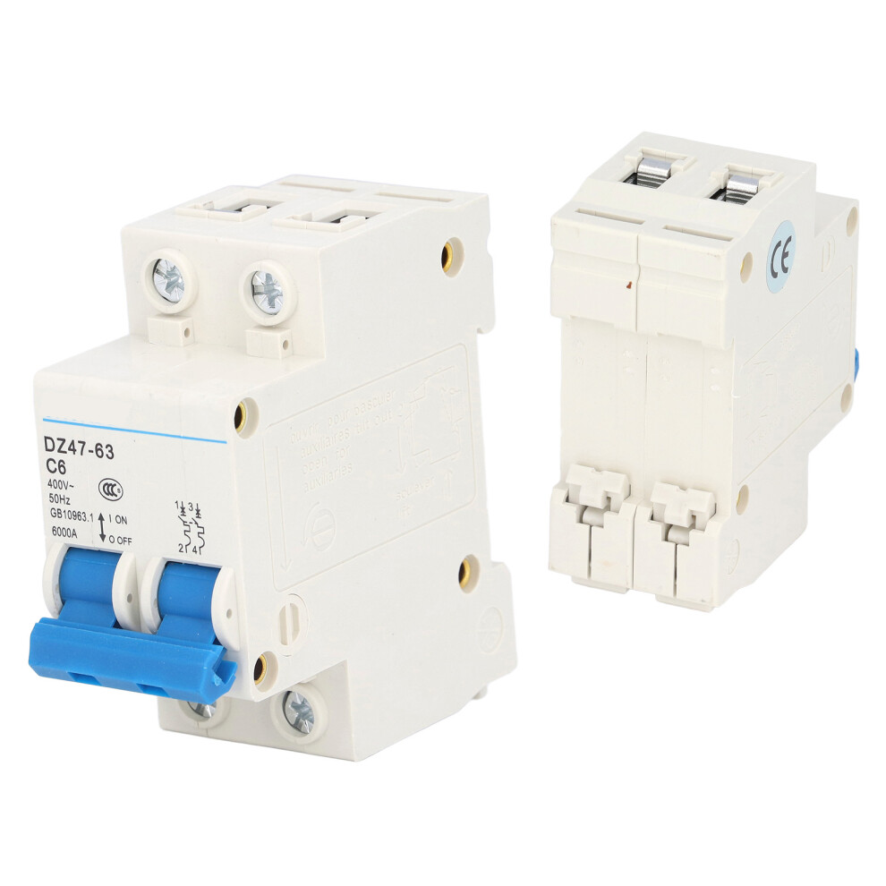 Circuit Breaker Mini 2P Din Rail Mount 6000A Breaking Capacity 400V 6A For Home 6901357521948