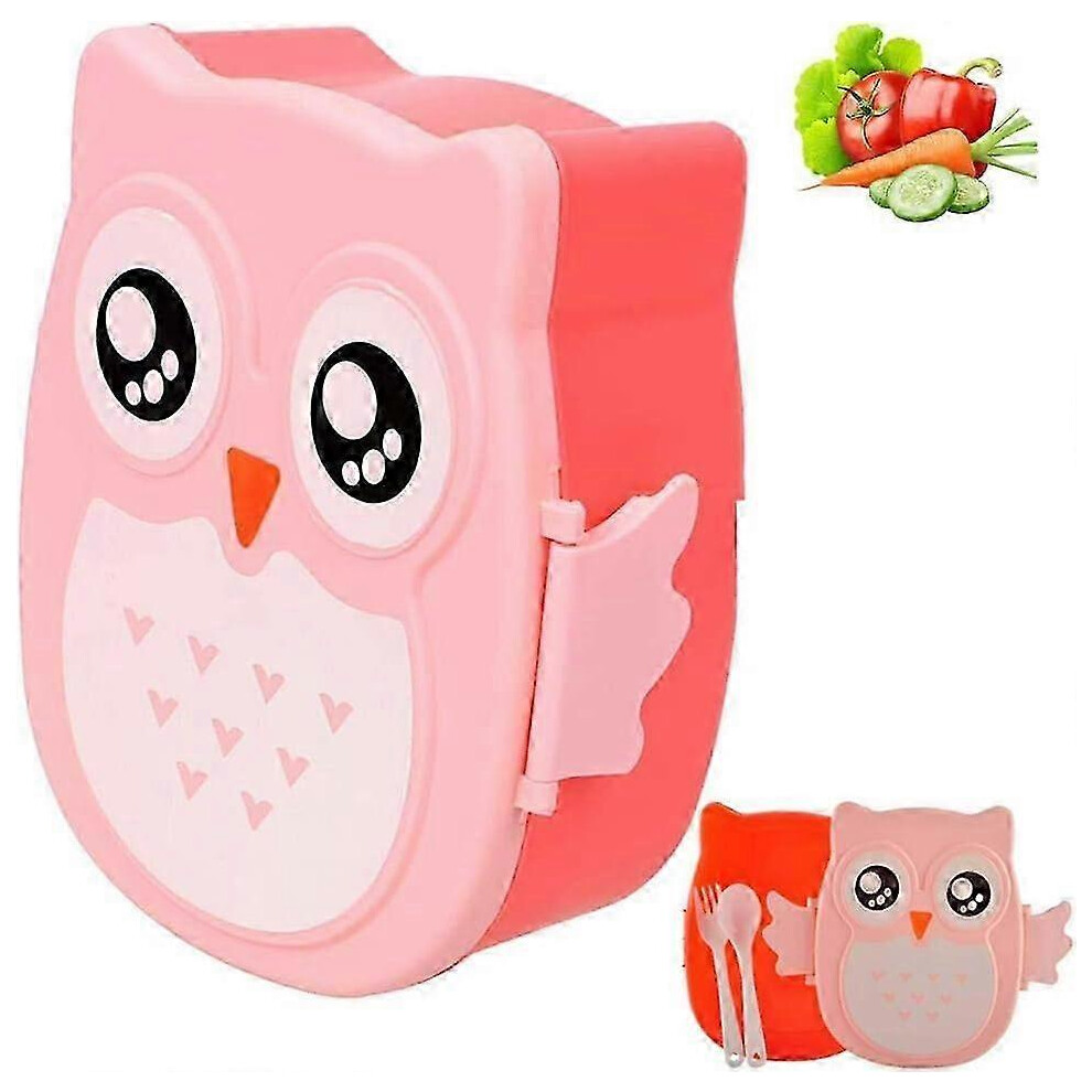 Bento Lunch Box 2024, Cartoon Owl with Spoon Fork, Kids Office Container