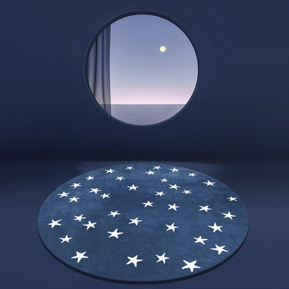 Cartoon With Stars Round Rug Kids Playmat Non-Slip Washable 60 Cm Diameter Non-Shedding Crawling Carpet Dark/Blue/White