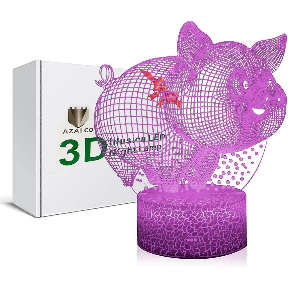 Kikidex (As Show, One Size) 3D Illusion Cute Smiling Pig Night Lamp 16 Color Change Touch Crack Base Kids Room Decor Lighting White
