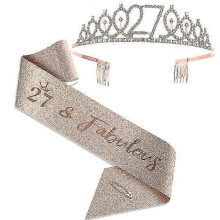 (As show, One size) Birthday Sash And Tiara Rose Gold Birthday Sash Crown 40 & Fabulous Shoulder Strap And Tiara For Women