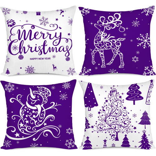 Miaikoe Ensemble de 4 Housses de Noël 55x55 cm Violet Blanc