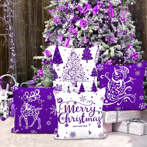 Miaikoe Ensemble de 4 Housses de Noël 55x55 cm Violet Blanc 2