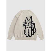 (Apricot, L) Men's Cartoon Cat Print Drop Shoulder Sweater, Loose Casual Long Sleeve Round Neck Jumper for Fall & Winter, Knitting Tops, Sweater for