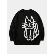 (Black, M) Men's Cartoon Cat Print Drop Shoulder Sweater, Loose Casual Long Sleeve Round Neck Jumper for Fall & Winter, Knitting Tops, Sweater for