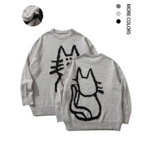 (Grey, L) Men's Cartoon Cat Print Drop Shoulder Sweater, Loose Casual Long Sleeve Round Neck Jumper for Fall & Winter, Knitting Tops, Sweater for