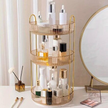 (Golden) Rotating Makeup Organizer 3 Tier Makeup Storage Rack 360 Rotating Perfume Organizer Rack Multipurpose Vanity Storage Desk Organizer Space Sa