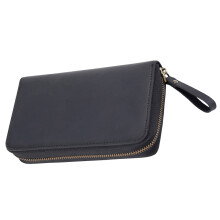 Traditional Troubled Leather Pen Bag Multiple Compartment-Black