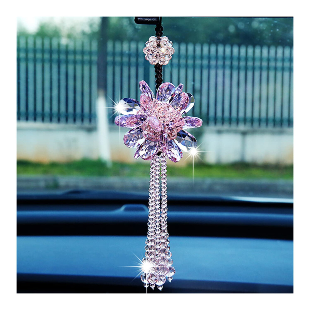 Bling Crystal Flower Car Rear View Mirror Pendant Crystal Flower Auto Rear View Mirror Ornament Mirror Charm Pink 9339159960158