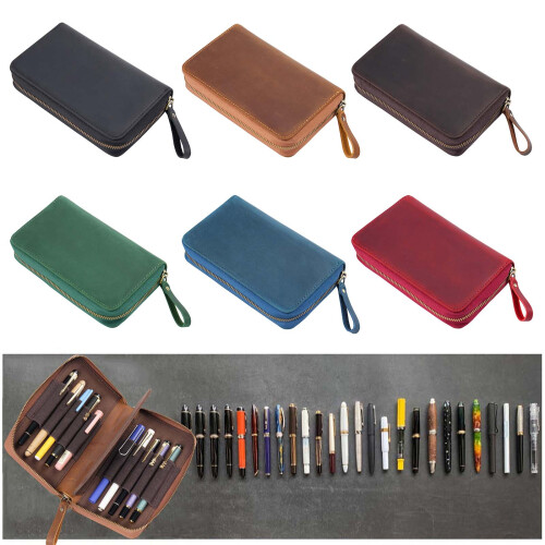True Leather Multiple Compartment Pen Case Traditional-Pan blue 2