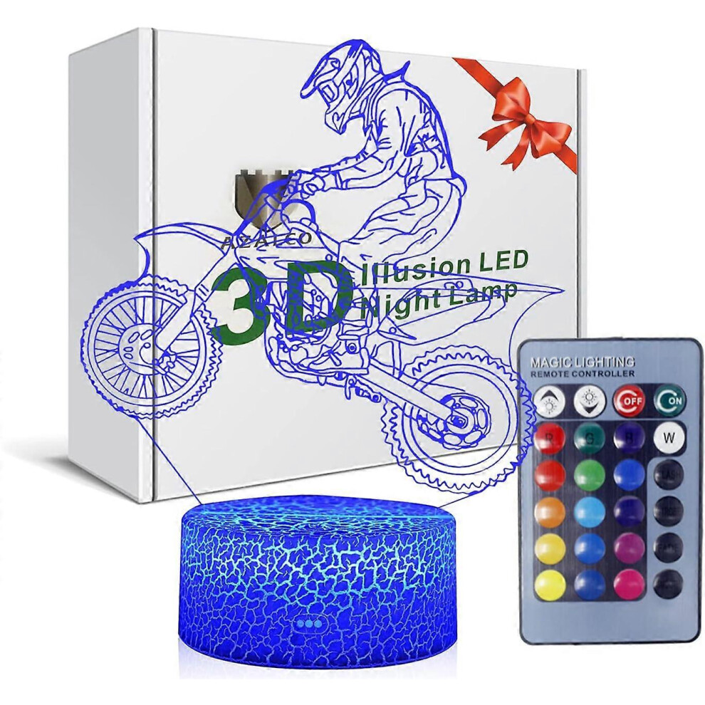 Kikidex (As Show, One Size) 3D Illusion Motocross Motorcycle Bike Night Light Lamp 16 Color Change Touch Crack Base Birthday Present White