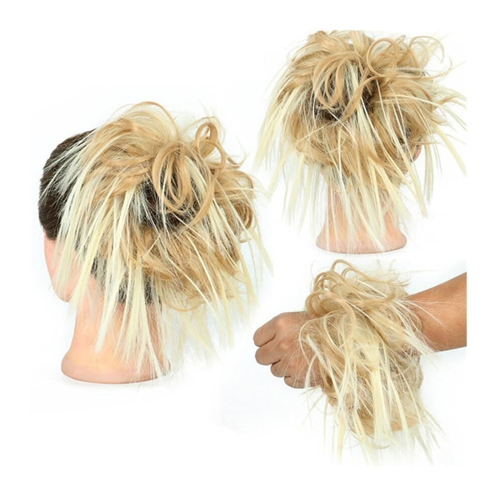 Hair Bun Tousled Updo, Messy Hair Piece, Straight Curly Mix Ponytail Extensions With Elastic Band, Color Q17 19H613