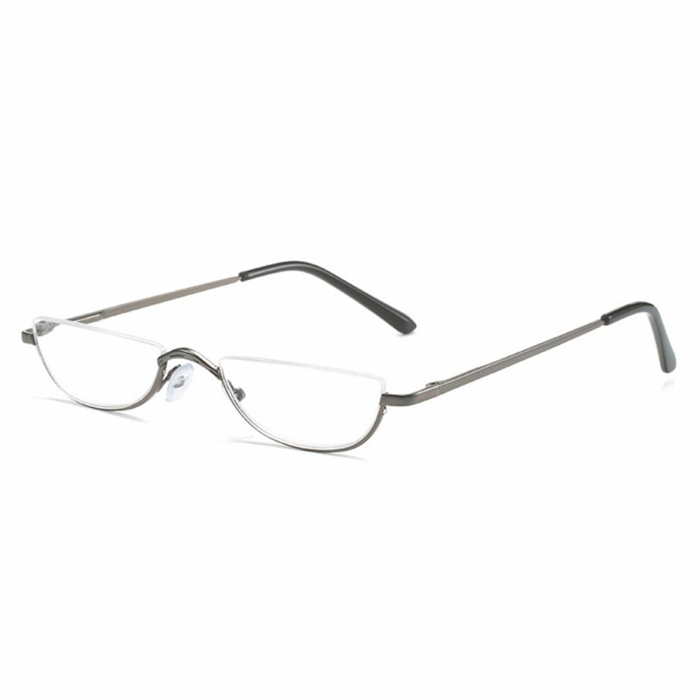 Retro Reading Glasses Metal Spring Hinges Half Moon Semi Rimless Readers Eyeglasses Gunmetal Gray 200-Degree Small Frame