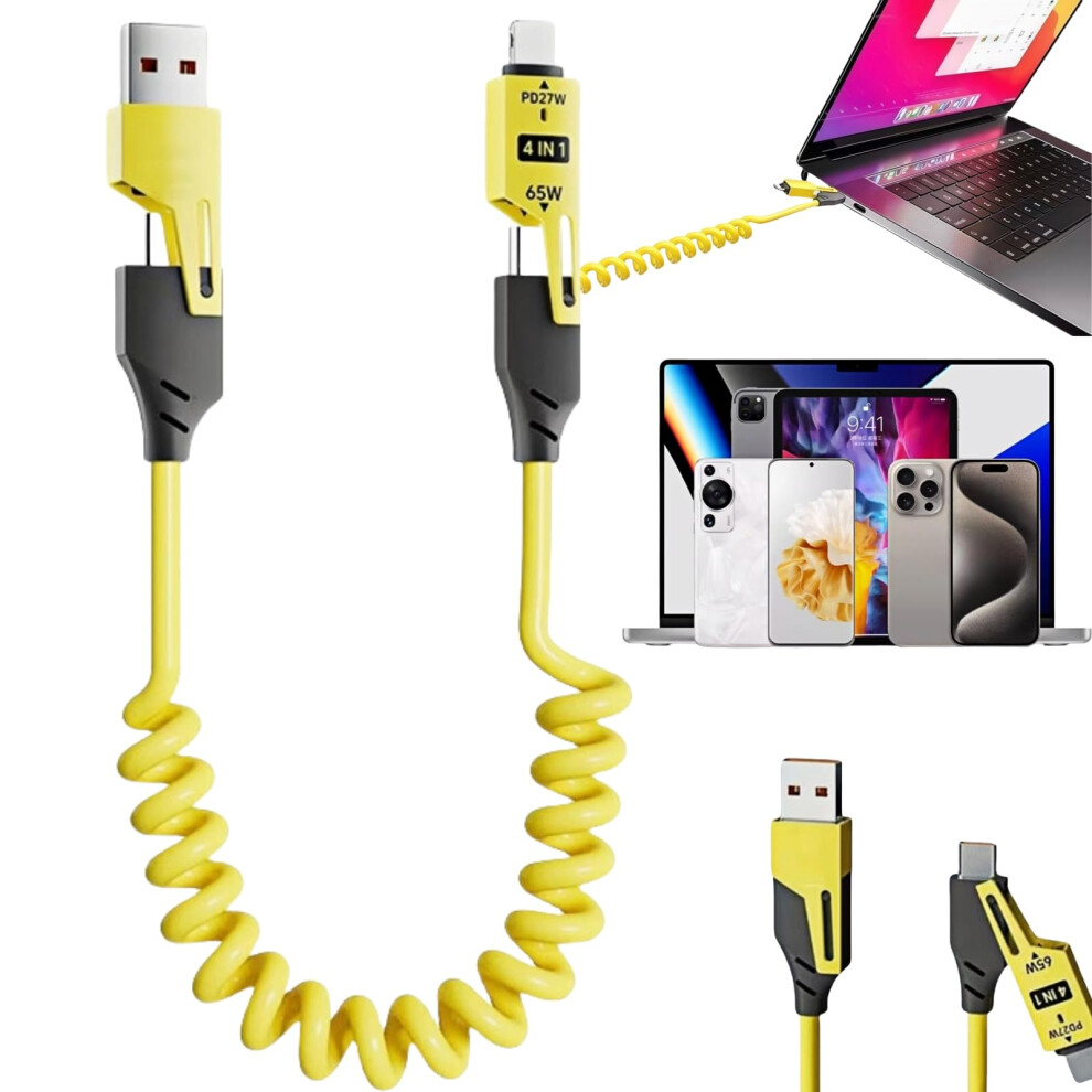 Multi Charger Cable 4-In-1 Usb Cable 3A Fast Charging 65W Retractable Coiled Data Sync 480 Mbps 9339159961858