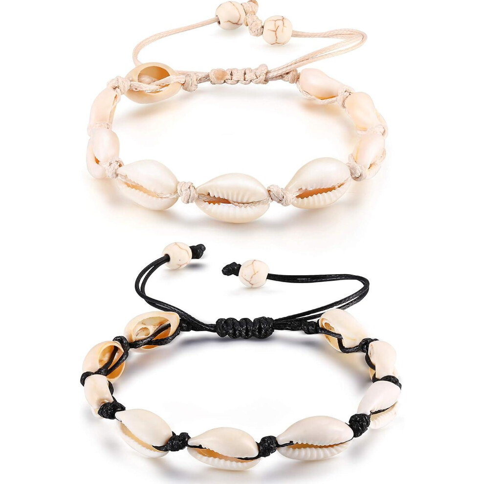Kikidex (As Show, One Size) 2 Pieces Natural Cowrie Shell Anklet Seashell Crochet Ankle Bracelet Handmade Boho Shell Bead For Women Girls Beige/Black