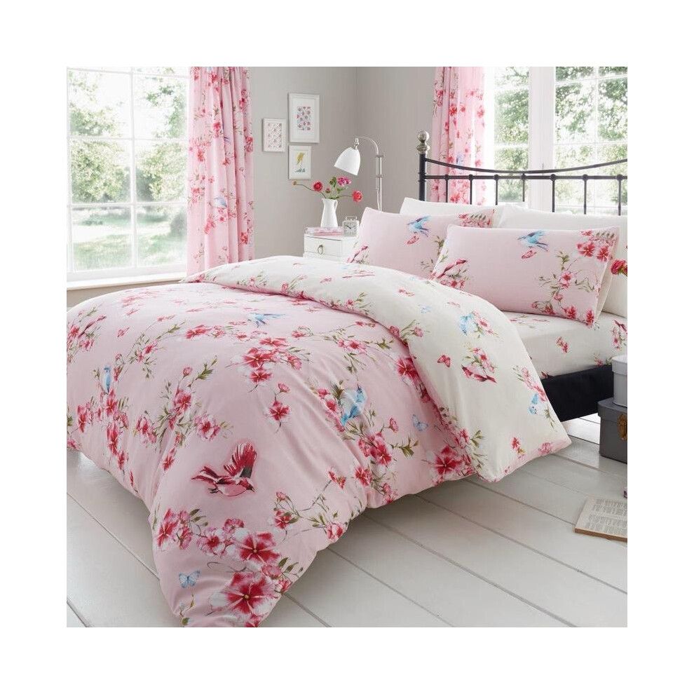 (Pink Birdie Blossom, Super King) Poly cotton Bedding set Birdie Blossom Reversible Duvet Cover Set in Single,Double,King and Super King bed-image-OPC-PMPN9R9-NEW