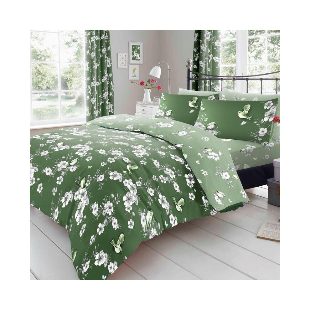 (Green Birdie Blossom, Single) Poly cotton Bedding set Birdie Blossom Reversible Duvet Cover Set in Single,Double,King and Super King bed-image-OPC-PMPN9RC-NEW