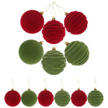 24Pcs Red Green Flocked Baubles Christmas Tree Hanging Decoration Set