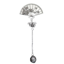 Silver Fan Brooch Pin with Tassel Vintage Chinese Style
