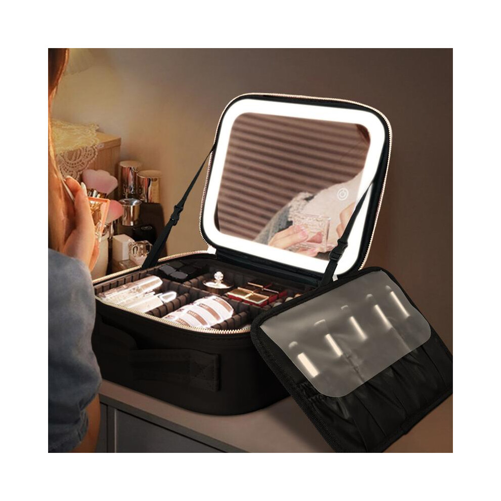 (Black, L) GORISGARMO Travel Makeup Bag with LED mirror Cosmetic Bag Adjustable Dividers, Makeup Organizer Bag with Lighted Mirror 3 Color Scenarios
