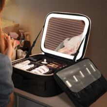 (Black, M) GORISGARMO Travel Makeup Bag with LED mirror Cosmetic Bag Adjustable Dividers, Makeup Organizer Bag with Lighted Mirror 3 Color Scenarios
