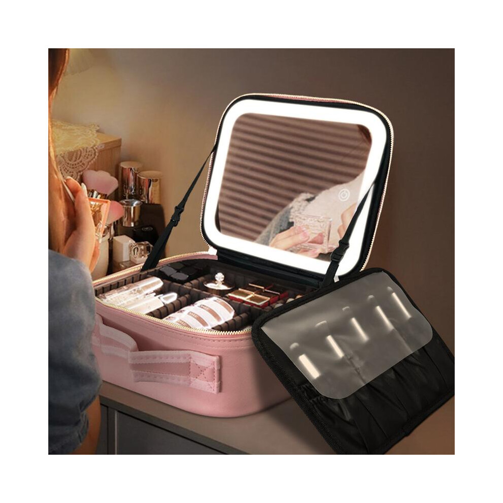 (Pink, L) GORISGARMO Travel Makeup Bag with LED mirror Cosmetic Bag Adjustable Dividers, Makeup Organizer Bag with Lighted Mirror 3 Color Scenarios