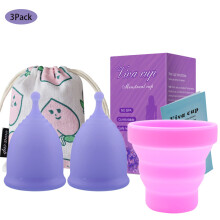 Damen Silikon-Menstruationskoppensatz mit zusammenklappbarem Desinfektionsbecher, kleine/große Größen