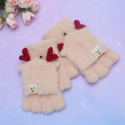 1Par Barnvantar Halvfinger Beige Plush Vintervarma Handskar 2
