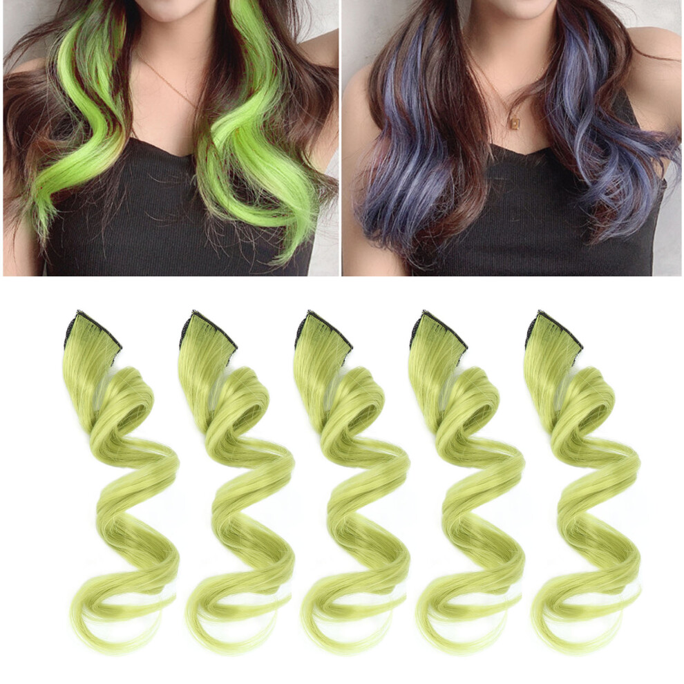 Unisex Green 5Pcs Long Curly Synthetic Hair Extensions With Clips, Highlights