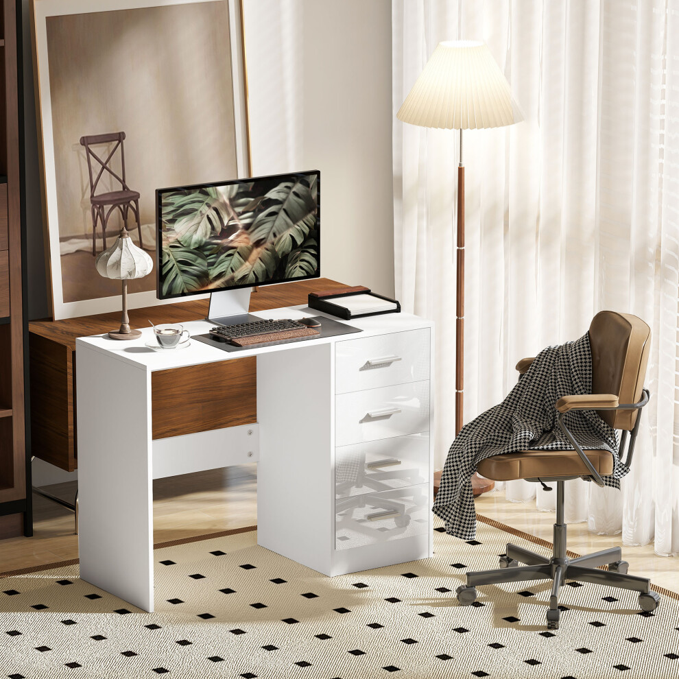 Homcom Computer Writing Desk With 4 Drawers, High Gloss Home Office Workstation