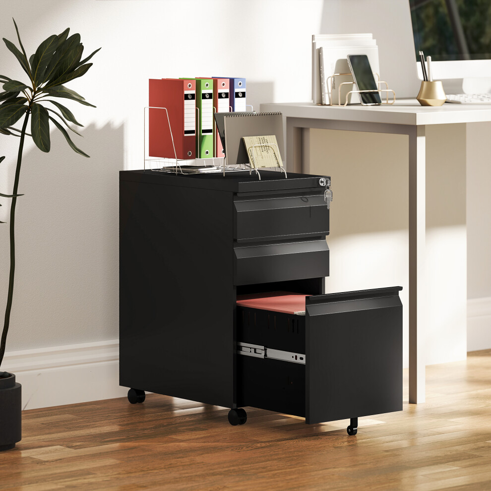 Vinsetto Steel File Cabinet With Lock And Wheels For Home Office, Black