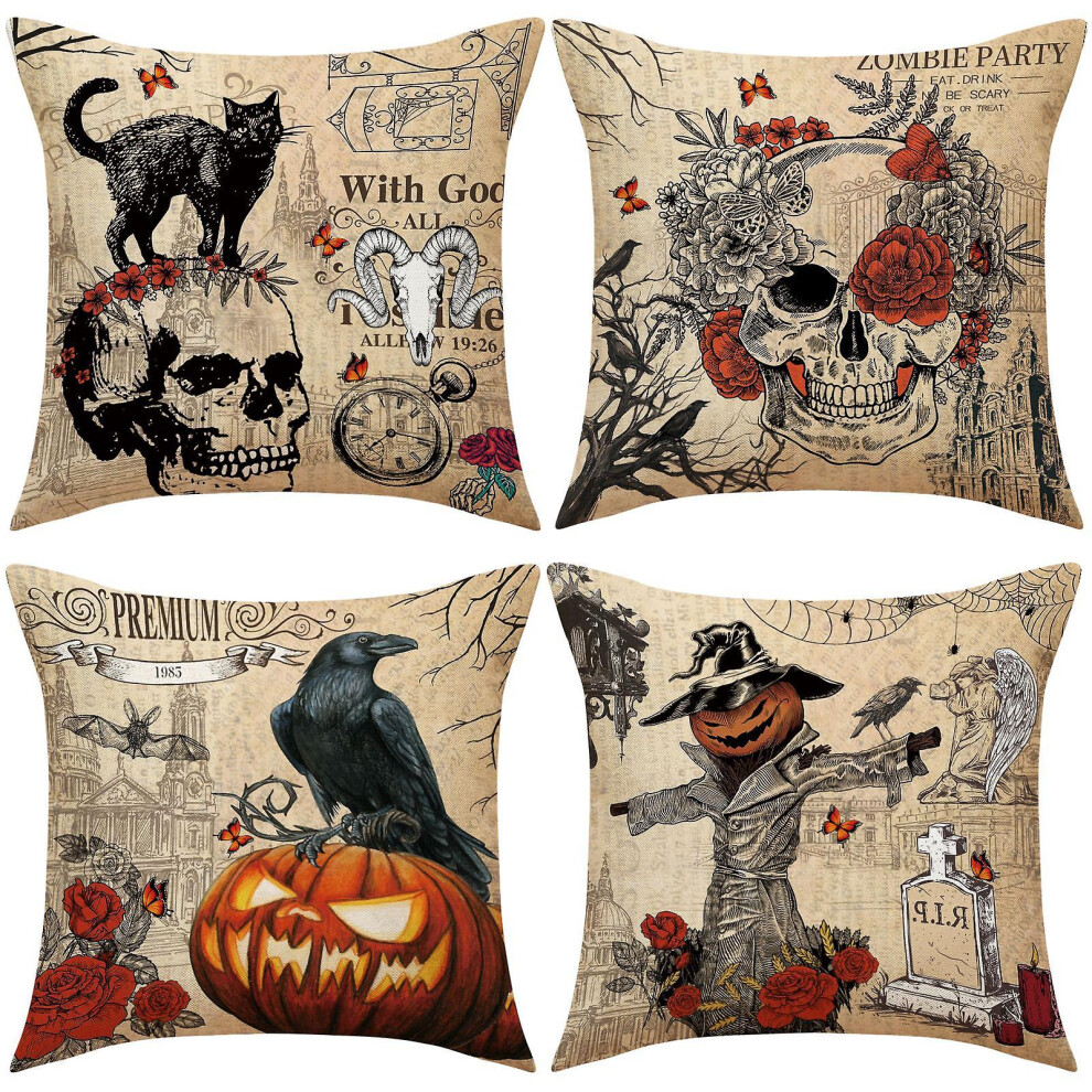Kikidex (As Show, One Size) Set Of 4 Linen Throw Pillow Covers 18X18 Inch Vintage Halloween Home Decor Pillow Covers Sofa Square Cushion Cover