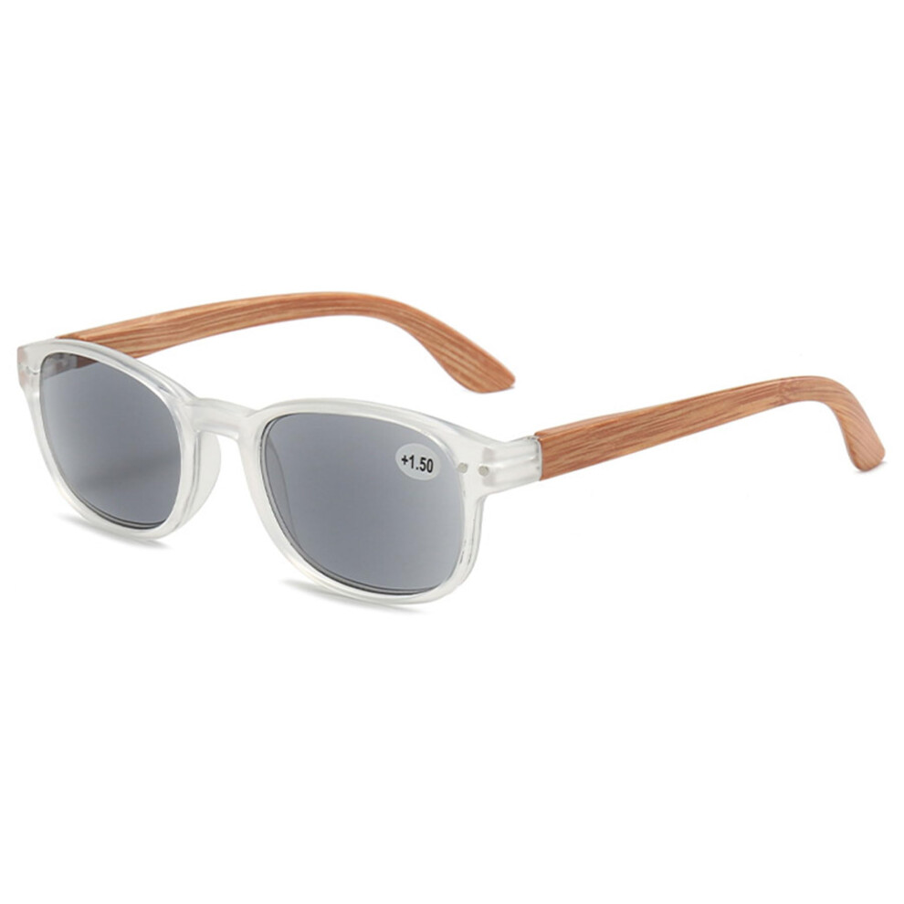 Grey Reading Sunglasses Rectangle Unisex Bamboo Temple Arms Uv400 Transparent Frame Lens 2.0X Magnification
