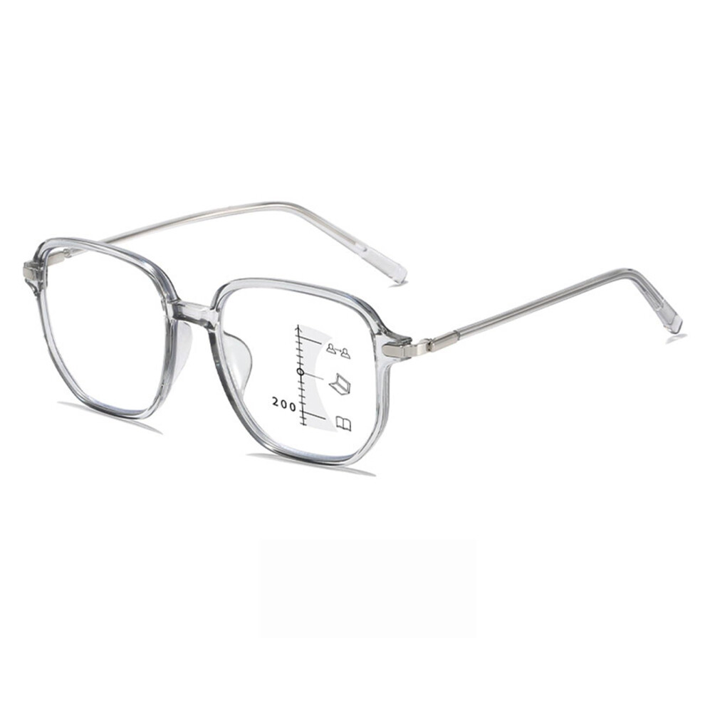 Fashion Multifocus Large Square Frame Reading Glasses Blue Light Blocking Anti-Glare Unisex Gray 3.0x