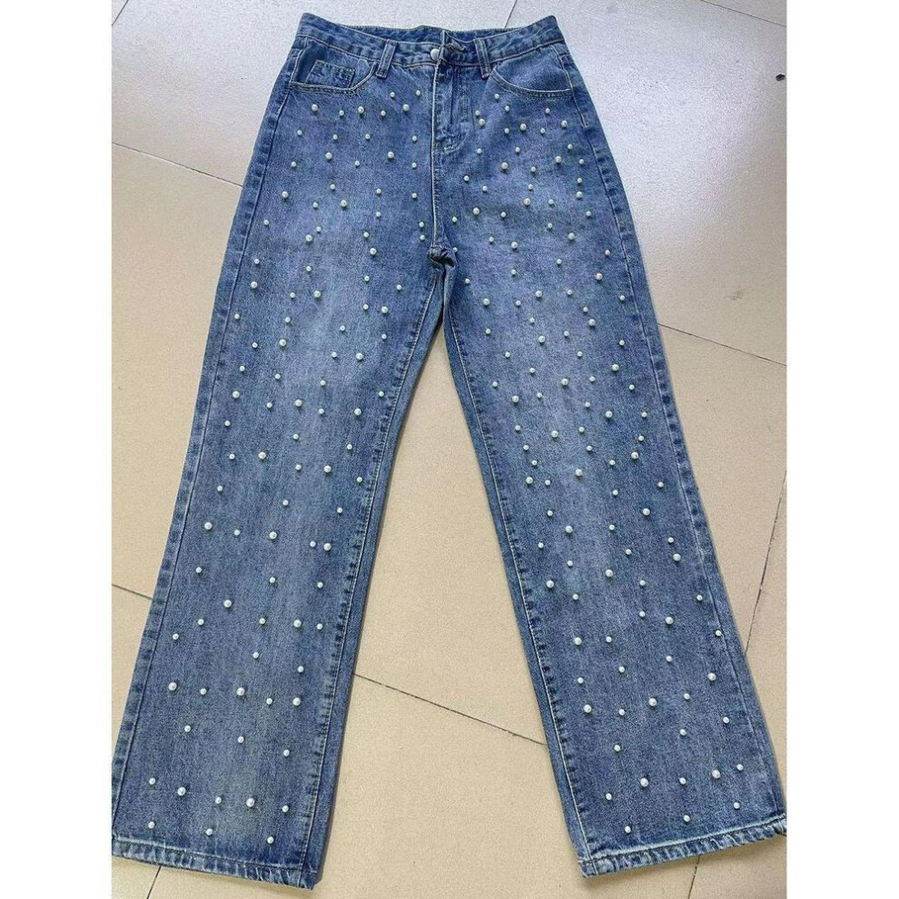 (dark blue, L) Denim Pants Fashion Beaded Jeans Wide-leg Pants Female Tide Spring And Summer High Waist Loose Mop Pants-image-OPC-PMQ2K5H-NEW