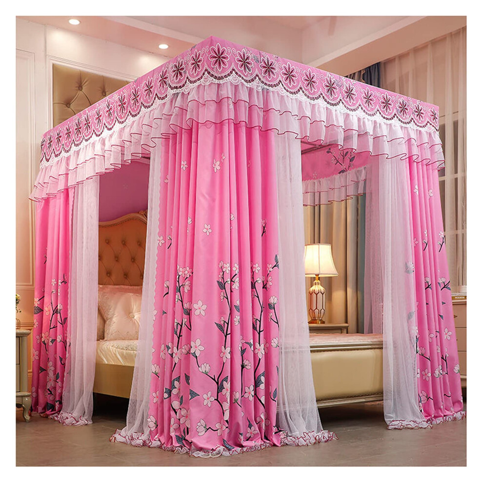 Mosquito Net For Double Bed 1.8X2m Princess Canopy 4 Corner Post Double Layer Embroidery Lace Curtains Color C Pink