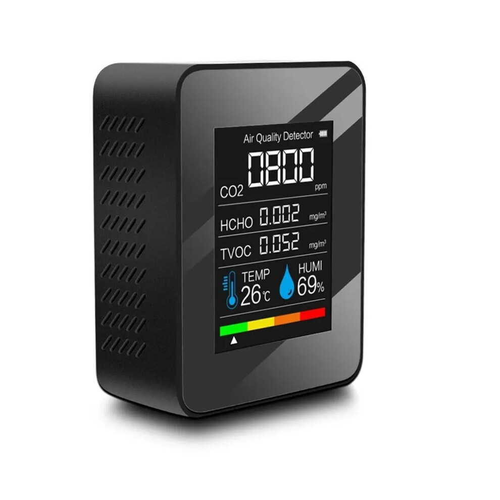 Gas Detectors 5-In-1 Indoor Air Quality CO2 Detector Formaldehyde HCHO TVOC Tester LCD Temp Humidity Alarm Model M Nero