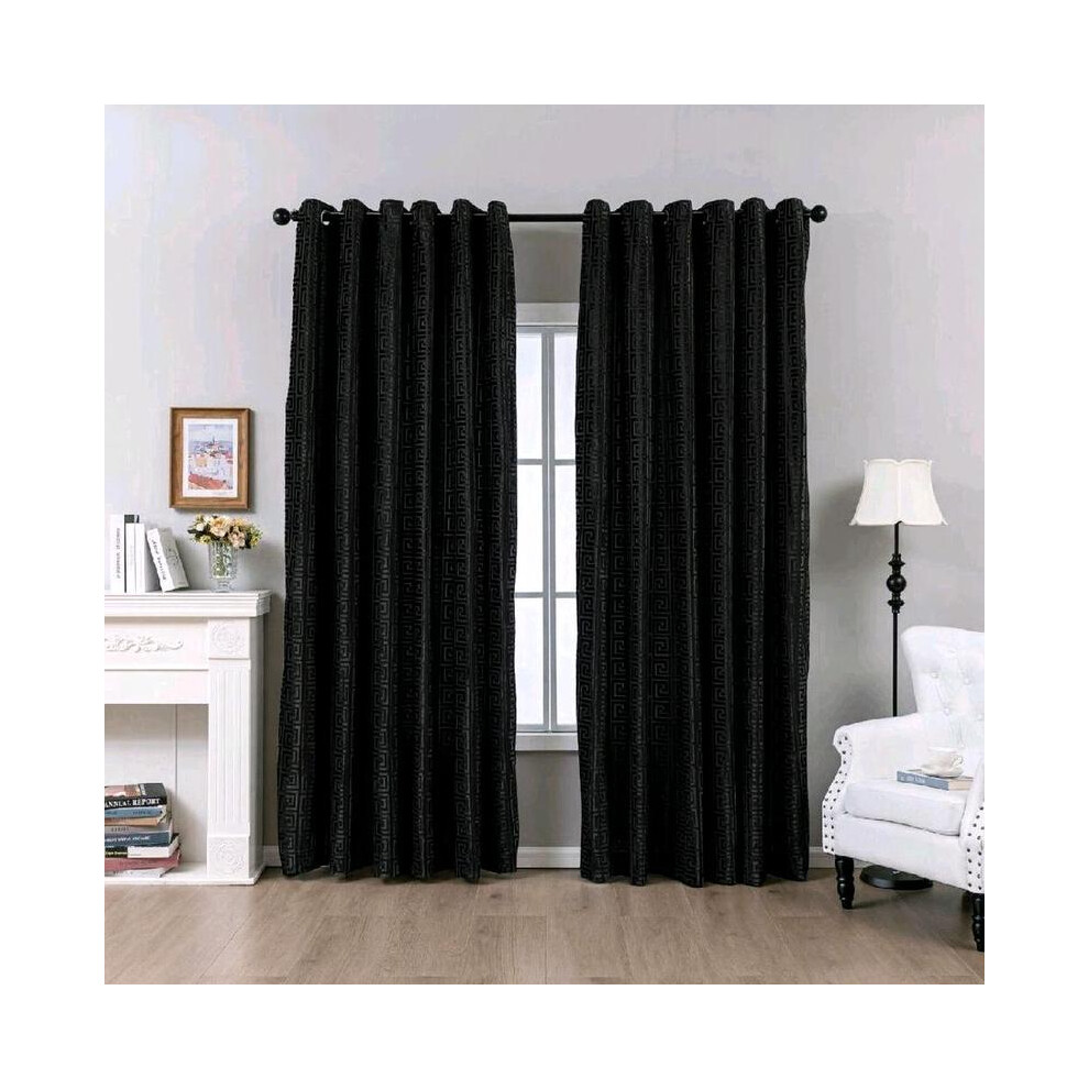 (Greek Black, 66x72cm) Luxurious Ready-Made Pairs of Greek Key Crushed Velvet Grommet Ring Top Curtains in Beige, Silver, and Grey-image-OPC-PMQ579T-NEW