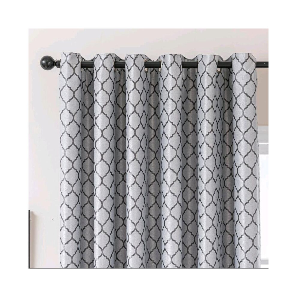 (Lattice Grey, 90x90cm) Luxurious Ready-Made Pairs of Greek Key Crushed Velvet Grommet Ring Top Curtains in Beige, Silver, and Grey-image-OPC-PMQ578Y-NEW