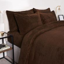 (Chocolate, Double) OHS Teddy Fleece Duvet Set Thermal Winter Warm Super Soft Cosy Plush Plump Duvet Cover and Pillowcase Bedding Set Home Bedroom