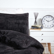 (Black, Double) OHS Teddy Fleece Duvet Set Thermal Winter Warm Super Soft Cosy Plush Plump Duvet Cover and Pillowcase Bedding Set Home Bedroom