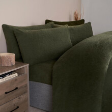 (Woodland Green, King) OHS Teddy Fleece Duvet Set Thermal Winter Warm Super Soft Cosy Plush Plump Duvet Cover and Pillowcase Bedding Set Home Bedroom