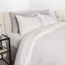 (White, Double) OHS Teddy Fleece Duvet Set Thermal Winter Warm Super Soft Cosy Plush Plump Duvet Cover and Pillowcase Bedding Set Home Bedroom