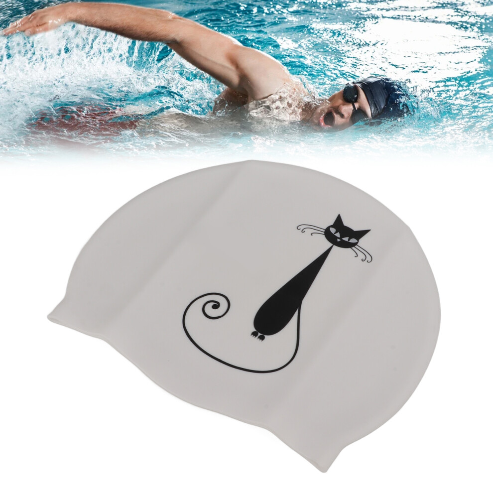 Silicone Waterproof Swim Cap with Cat Print, Adult Long Hair