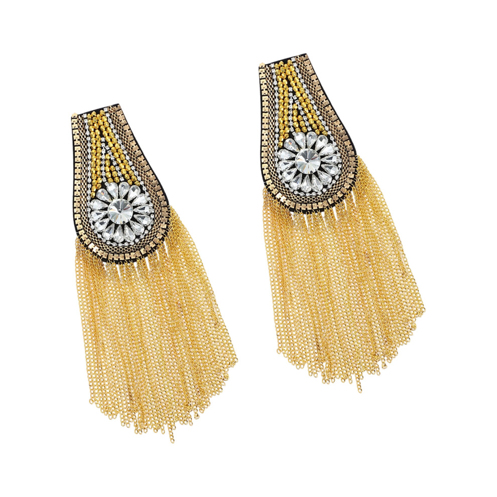 Gold Metal Tassels Shoulder Epaulet Fringed Rhinestones