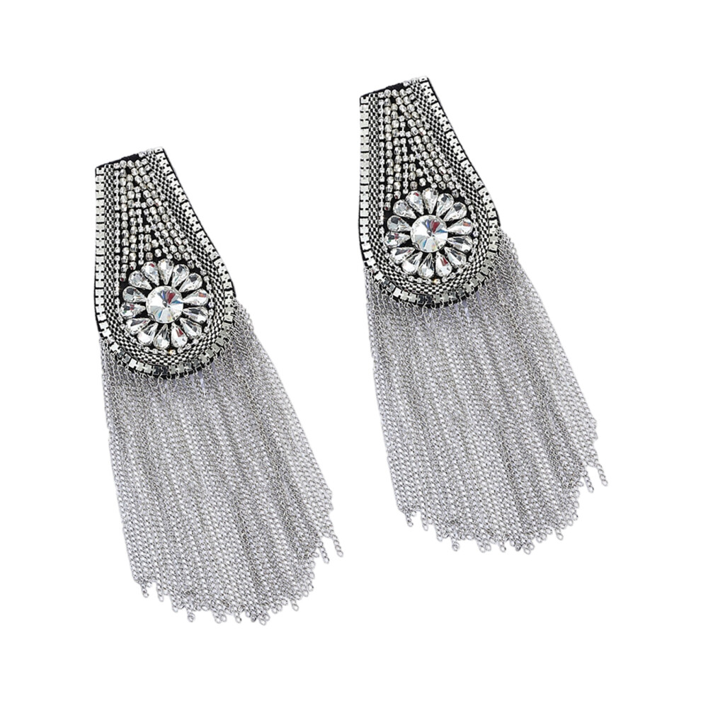 Silver Metal Tassels Shoulder Epaulet Fringed Rhinestones