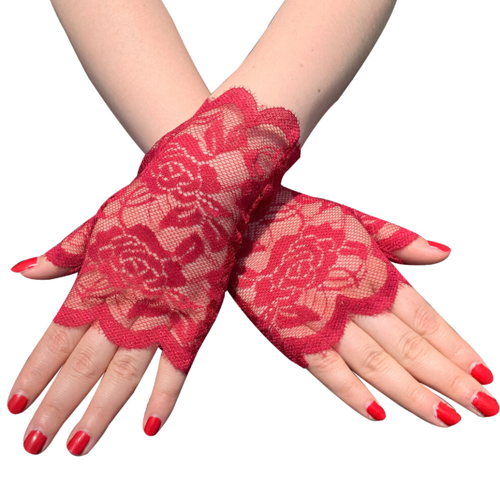 Short Lace Fingerless Gloves Wedding Bridal Half-Wine Red 7704000091831
