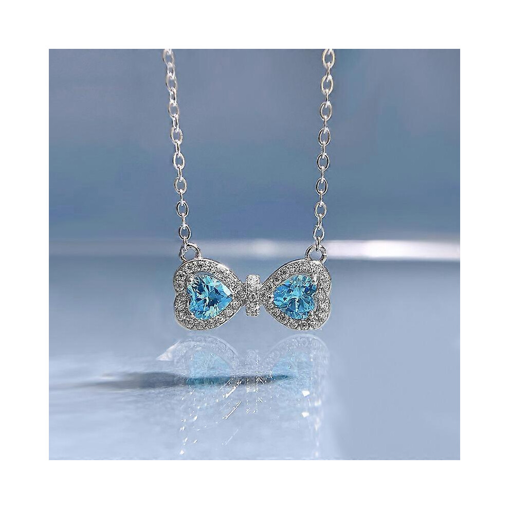 Kikidex (As Show, One Size) 2023 New 925 Silver Diamond-Studded Heart-Shaped Aquamarine Necklace Female All-Match Niche High-End Sense
