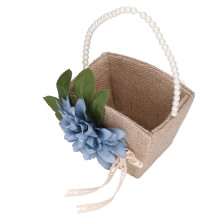 Retro-Leinen-Blumenmädchenkorb mit Perlenhenkel, leicht, 21 cm