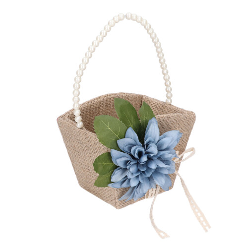 Retro-Leinen-Blumenmädchenkorb mit Perlenhenkel, leicht, 21 cm 1